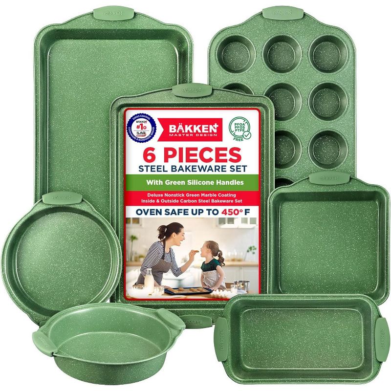 BAKKEN Kitchen Baking Pan Set - Nonstick Green Marble Coating, Carbon Steel Bakeware Sets, Oven Safe (Up To 450° F), Set of 6