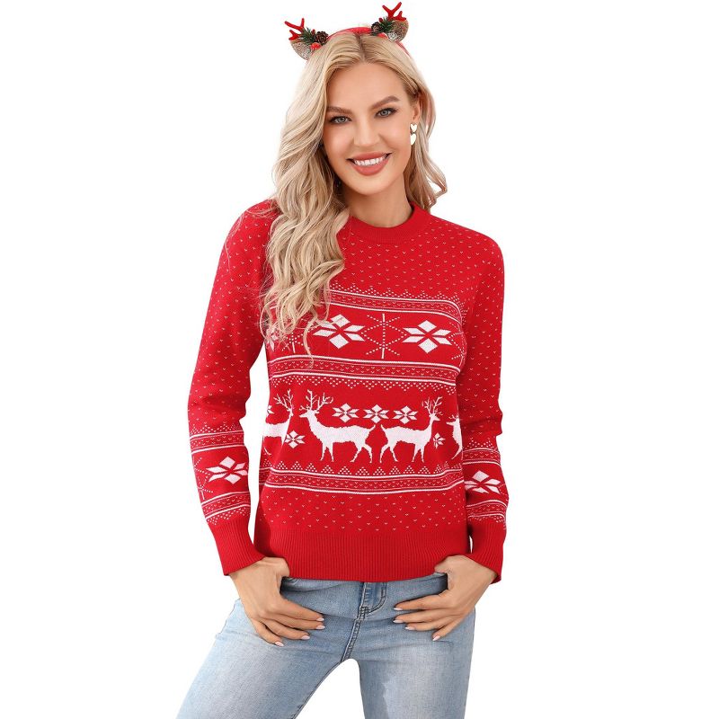 Ugly Christmas Sweaters for Women 2025 Festive Sweaters with Snowflakes Pattern Crew Neck Jacquard Pullovers for Family,Red - L