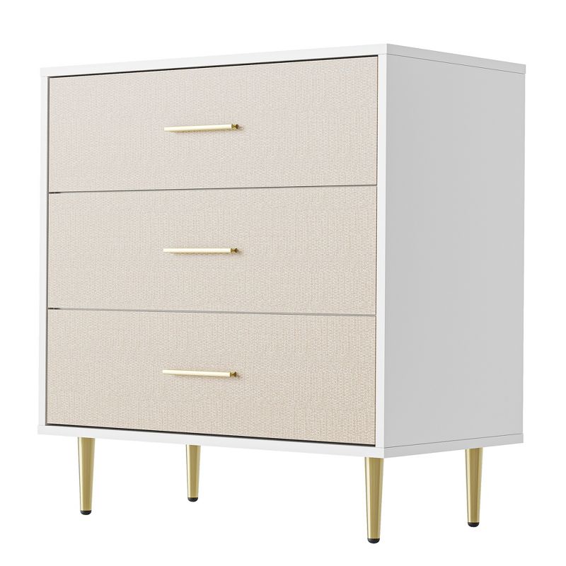 Modern White 3-Drawer Dresser w/ Gold Handles, Wood & Linen Texture