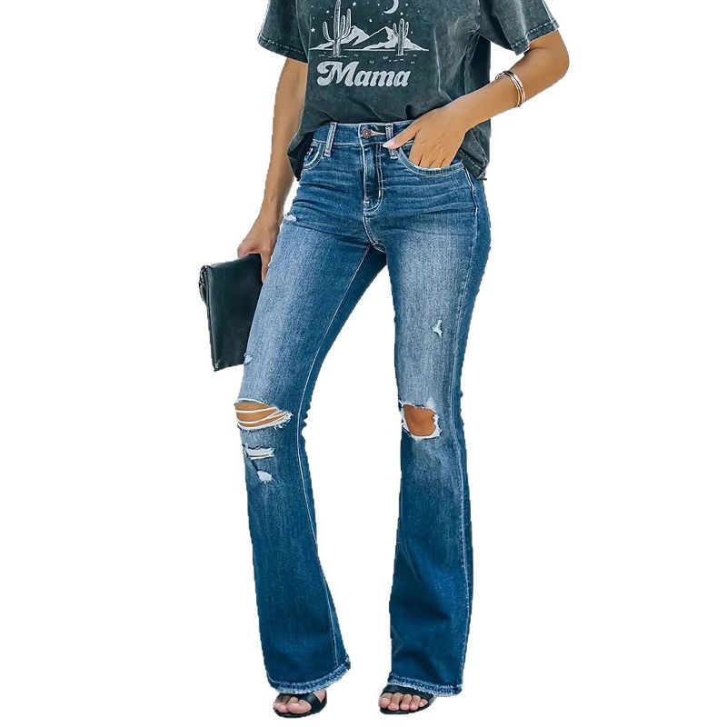 Coolmee Women's Flare Bell Bottom Jeans High Waisted Wide Leg Bootcut Jeans Stretchy Denim Pants Blue S