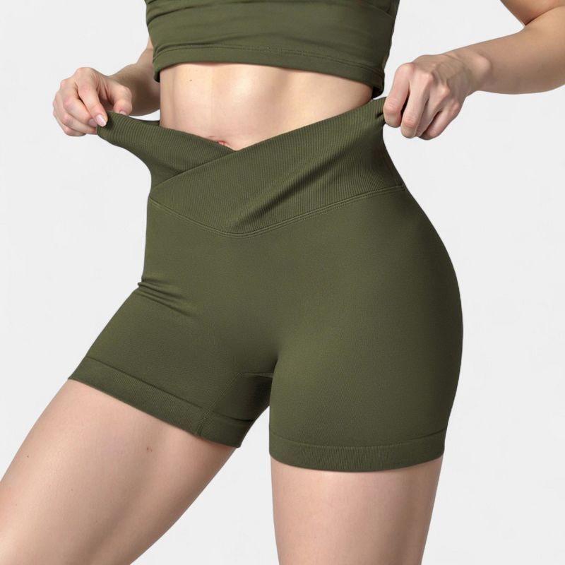 Anna-Kaci Active Women's High Waist Seamless Ribbed Biker Shorts with Crossover Waistband and Compression Fit - Small, Olive Green