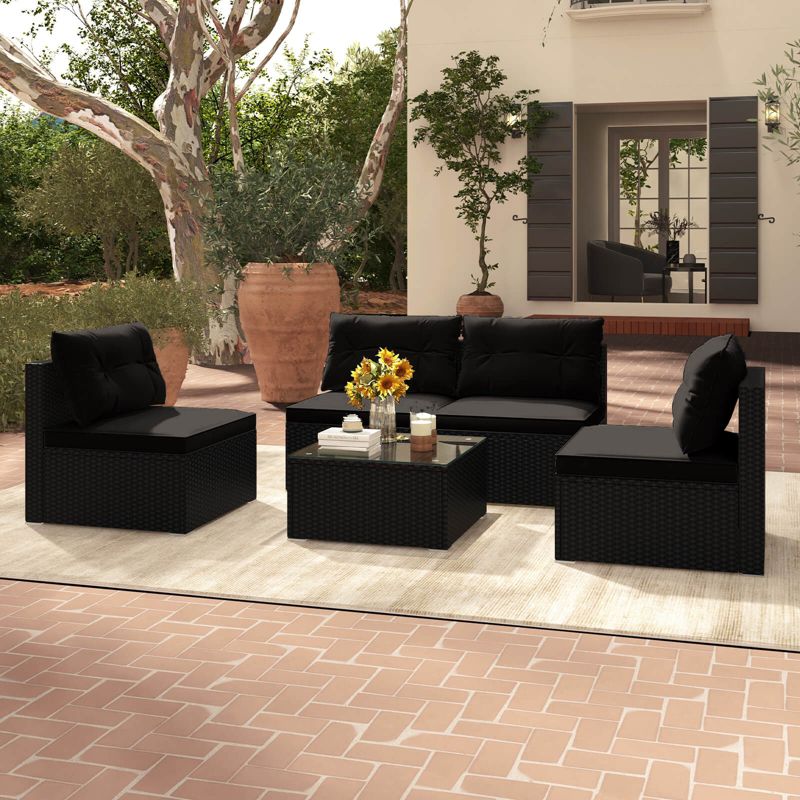 Costway 5 Piece Outdoor Furniture Set with Seat & Back Cushions Tempered Glass Tabletop Black