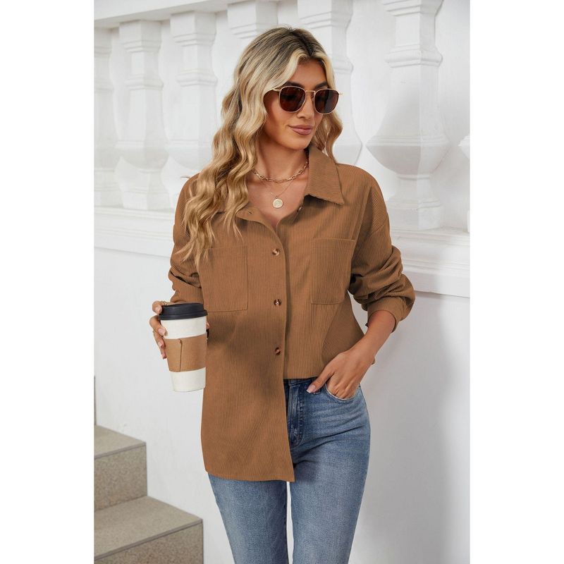 Clearlove Women's Corduroy Shirt Jacket Long Sleeve Pocket Button Down Collared Fall Outerwear Caramel L