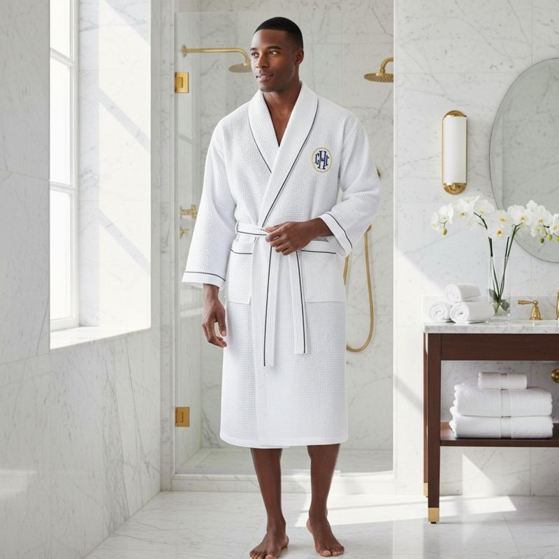 Lotus Linen Premium Waffle Piping Robe for Men White Large