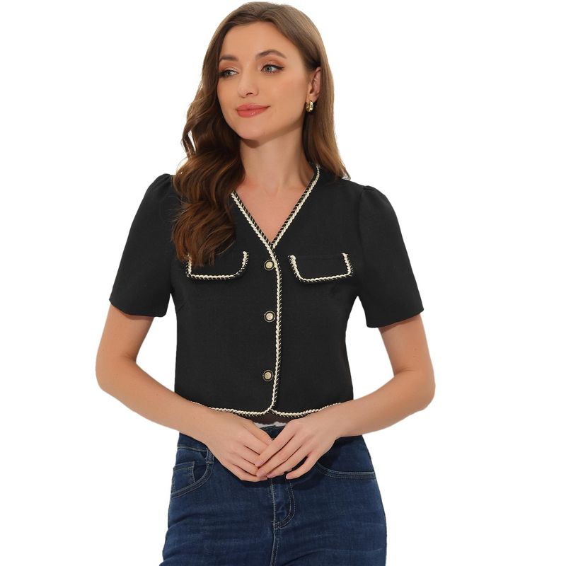 Allegra K Women's Collarless Contrast Trim Short Sleeve Tweed Blazer Black Medium