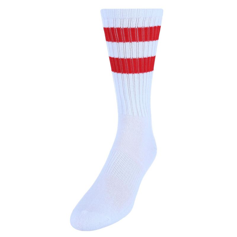 CTM Men's Crew Striped Socks (3 Pairs), White with Red Stripes