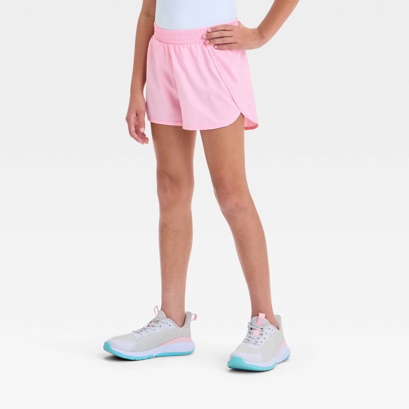 Girls' Run Shorts - All In Motion™ Pink S: Lightweight Poplin, Mid Rise, Elastic Waistband