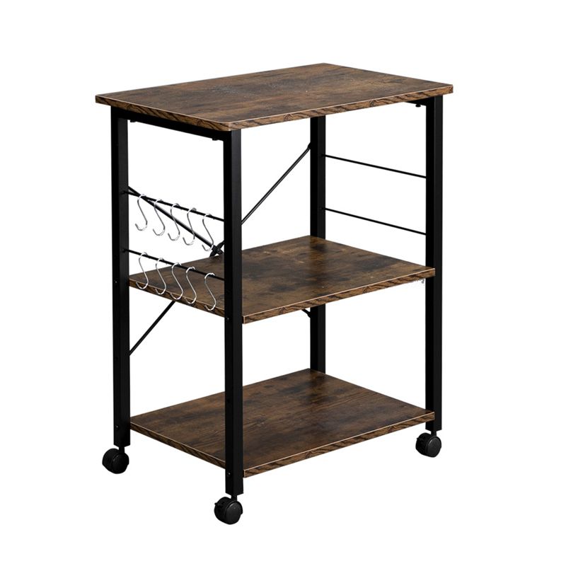 SEVOBAL Kitchen Storage 3 Tier Vintage Board Top Metal Frame Bakers Rack with Wheels and Hooks, Black, 29.33"*18.11"*4.92"