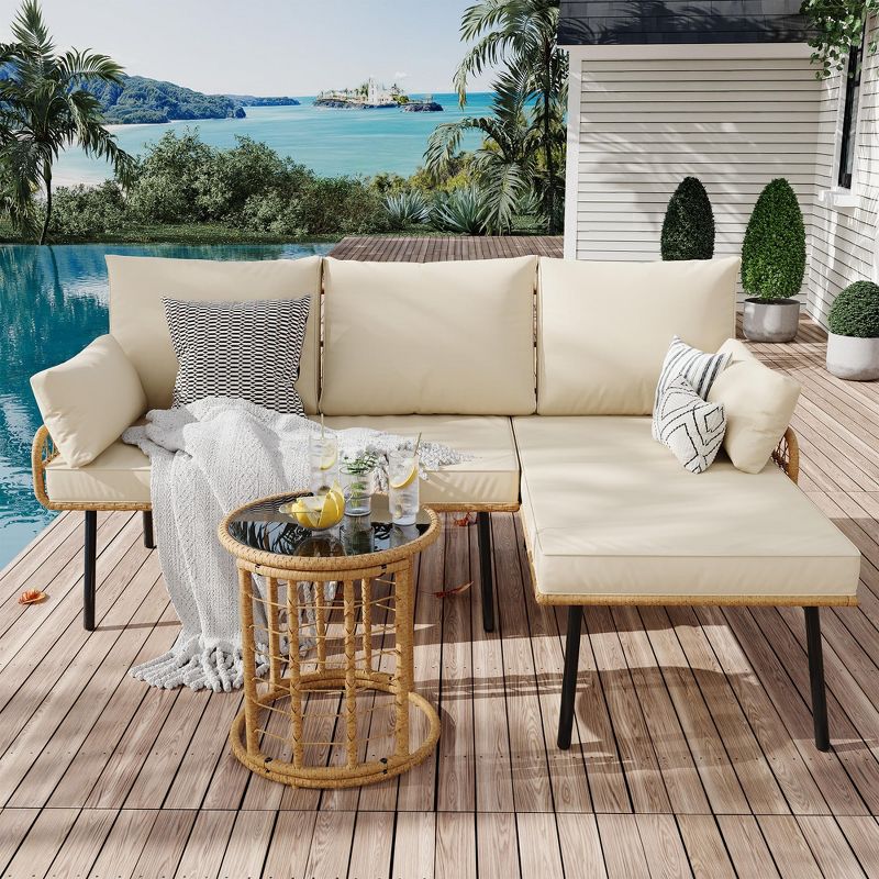 3-Piece Outdoor Sectional Sofa Set, L-Shaped Waterproof Wicker Furniture with Cushions & Glass Side Table for Porch, Pool or Backyard