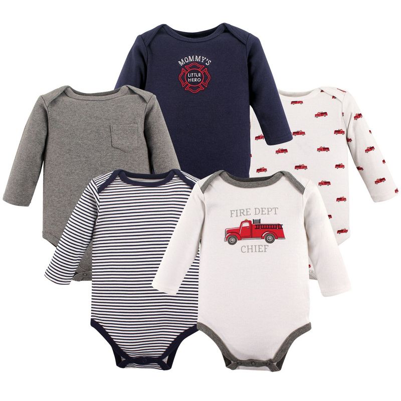 Hudson Baby Infant Boy Cotton Long-Sleeve Bodysuits 5pk, Fire Truck, 0-3 Months