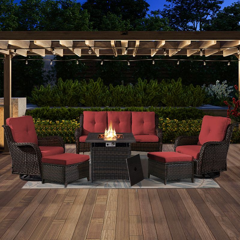 6PCS Patio Furniture Set with Fire Pit Table, Weather-Resistant Wicker Patio Fire Pit Set with Sofa, Swivel Patio Chair and 50000BTU Propane Fire Pit