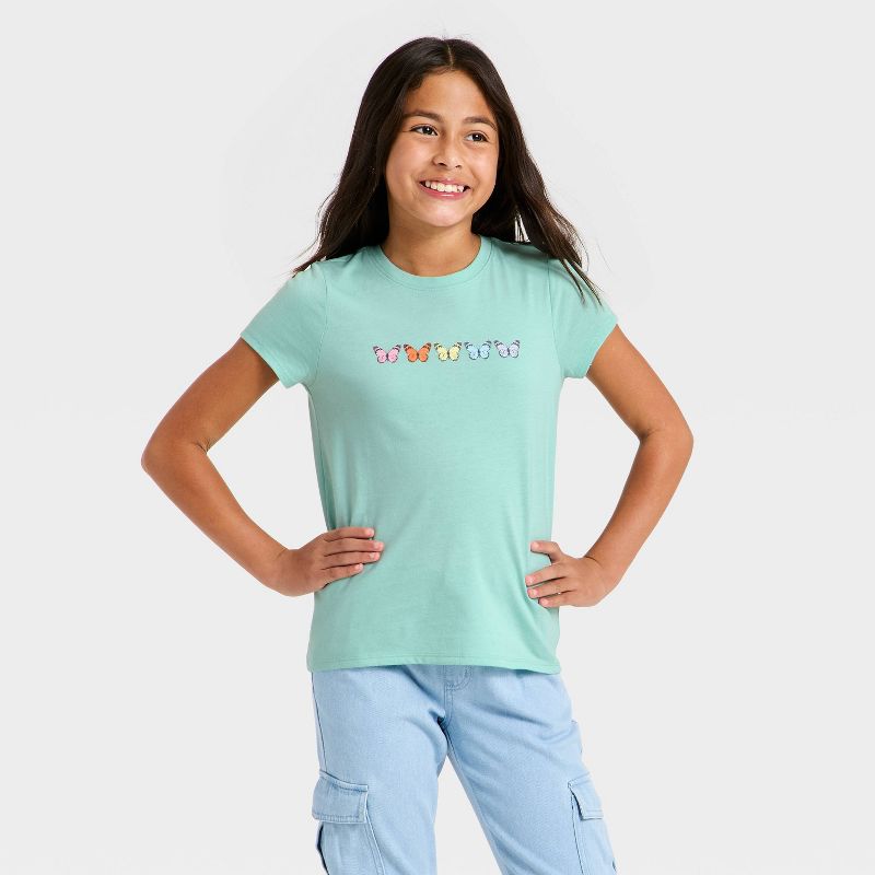 Girls' Short Sleeve 'Butterflies' Graphic T-Shirt - Cat & Jack ™ Dusty Mint M