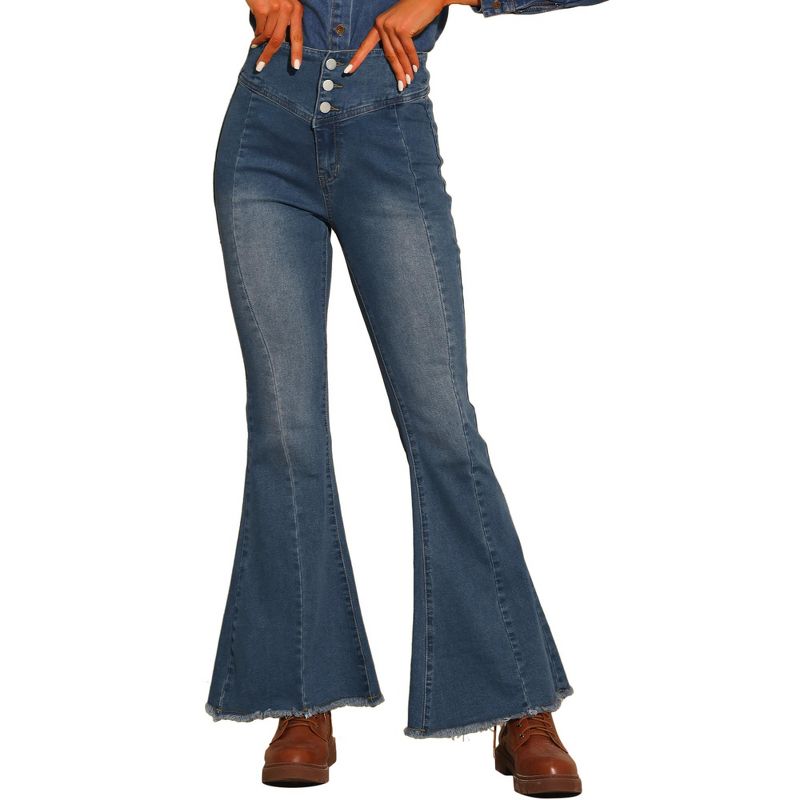 Allegra K Women's Bell Bottom High Rised Classic Flared Denim Pants Blue Medium