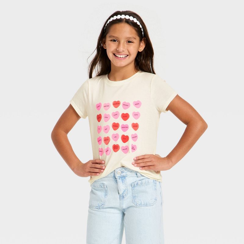 Girls' Short Sleeve Valentine's Day 'Candy Hearts' Graphic T-Shirt - Cat & Jack™ Cream M