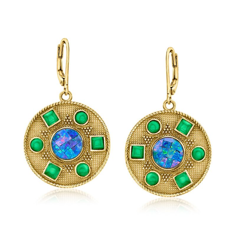 Ross-Simons Mosaic Black Opal Triplet Drop Earrings With Green Agate in 18kt Gold Over Sterling