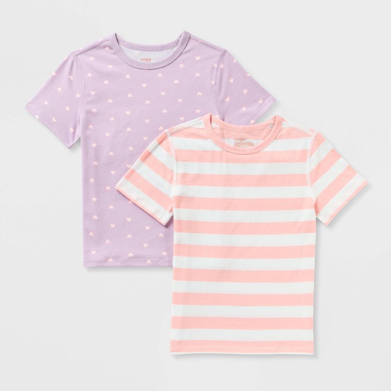 Girls' 2pk Adaptive Short Sleeve Heart and Striped T-Shirt - Cat & Jack™ Purple/Peach Pink M
