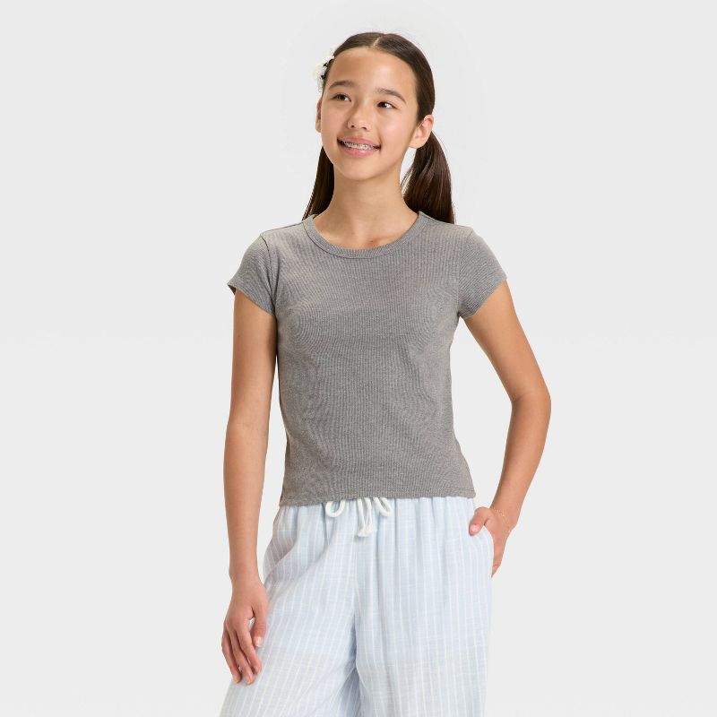 Girls' Short Sleeve Ribbed T-Shirt - art class™ Gray M