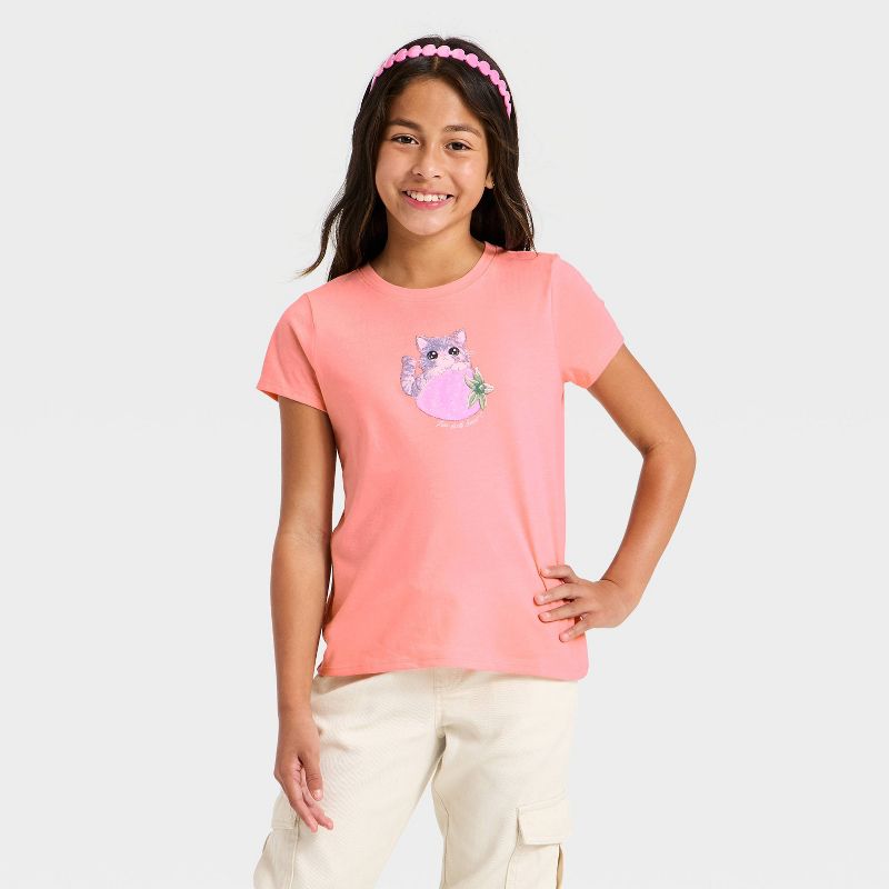 Girls' Short Sleeve 'Cat' Graphic T-Shirt - Cat & Jack ™ Peach Pink XXL Plus