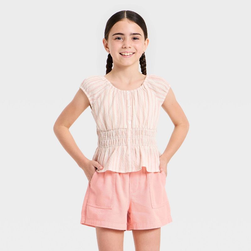 Girls' Short Sleeve Smocked Waist Striped Top - Cat & Jack™ Cream S