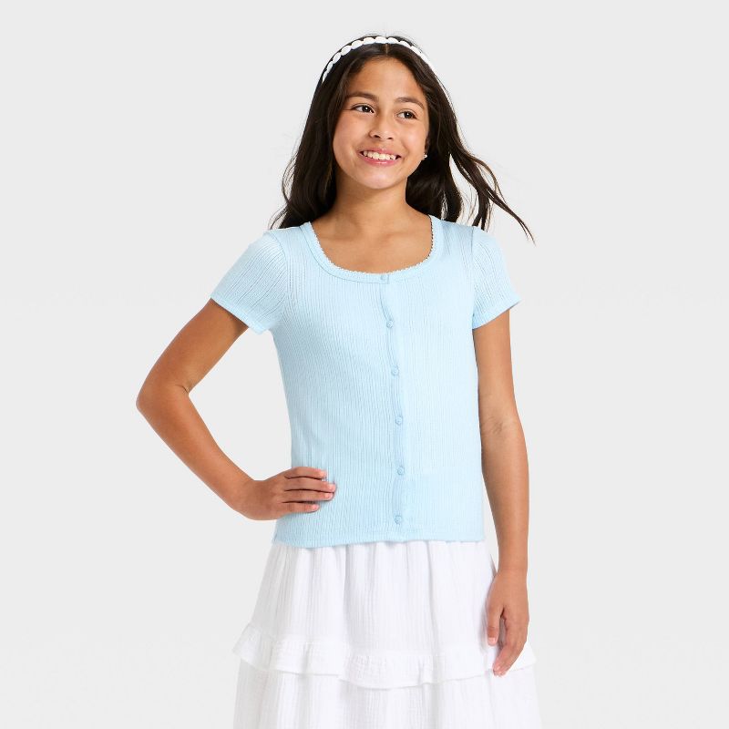 Girls' Button Ribbed T-Shirt - Cat & Jack™ Blue S
