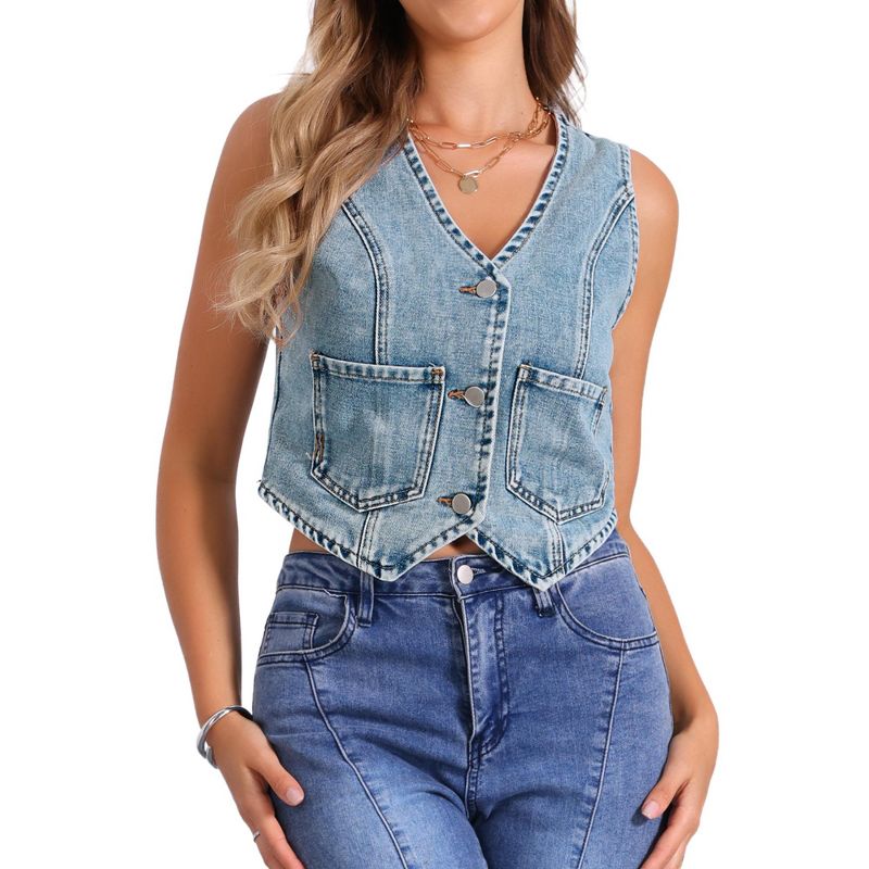 INSPIRE CHIC Women's V Neck Sleeveless Button Down with Pockets Denim Vest Gray Blue Medium