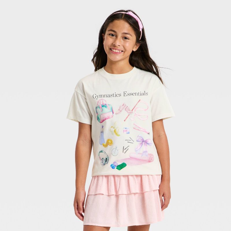 Girls' Short Sleeve Oversized 'Gymnastics' Graphic T-Shirt - Cat & Jack™ Cream M