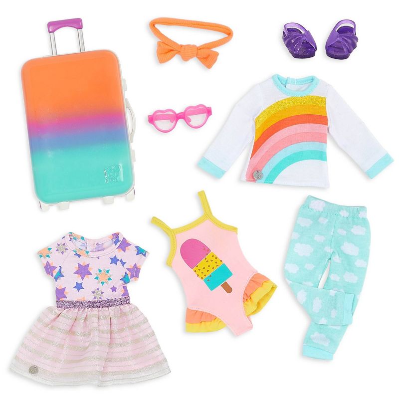 Glitter Girls Suitcase & Travel Outfit for 14" Dolls: Doll Accessories & Clothing Set, Includes Headband, 9 Pieces