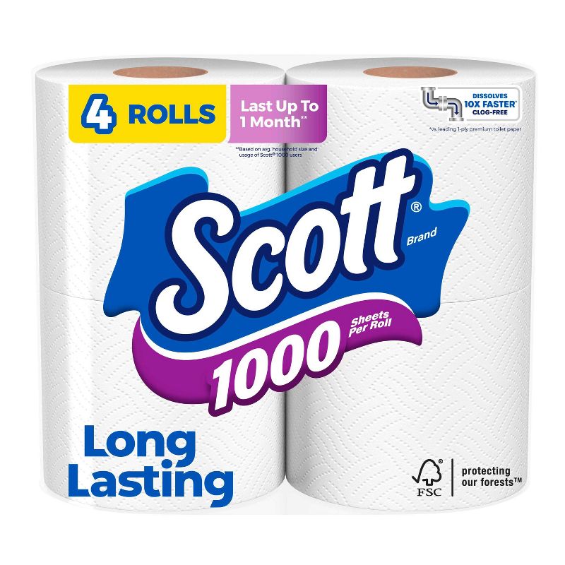 Scott 1000 Septic-Safe 1-Ply Toilet Paper - 4 Rolls: No Fragrance Added, Non-Toxic, 1000 Sheets Per Roll