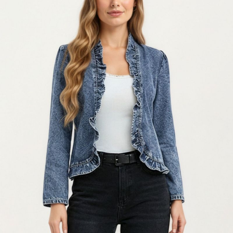 Anna-Kaci Women's Denim Jacket with Soft Ruffle Trim Open Front Design and Textured Washed Finish for Stylish Layered Outfits - Medium, Blue