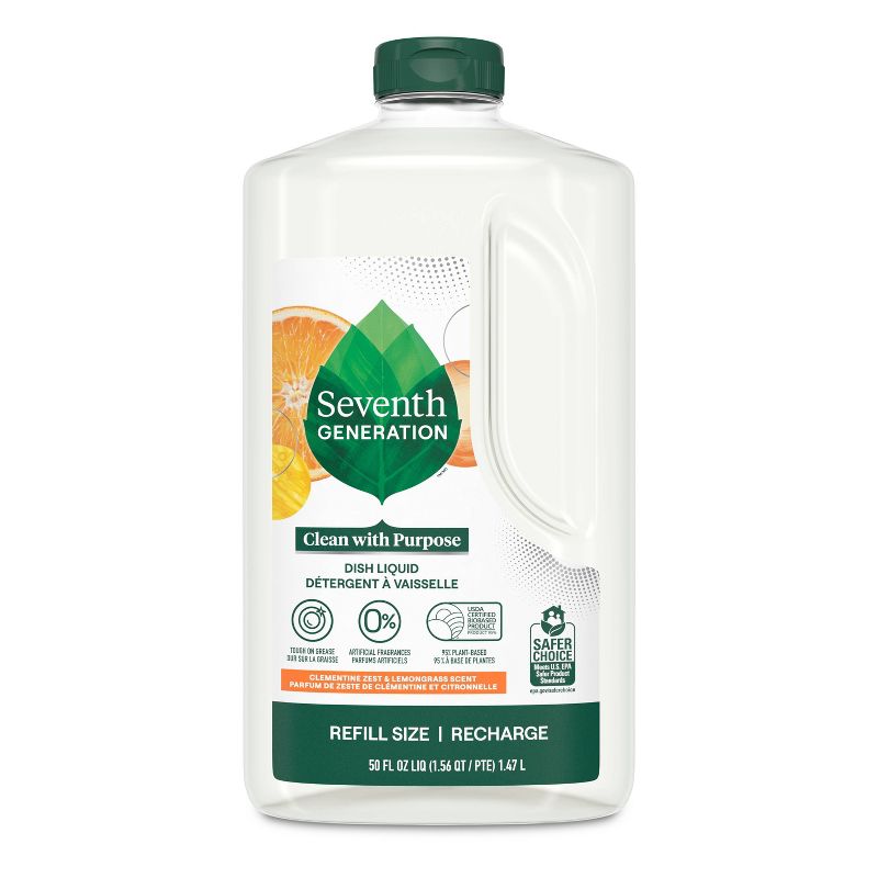 Seventh Generation Lemongrass & Clementine Dish Liquid Soap - 50 fl oz: Dye-Free, Phosphate-Free, Naturally Derived