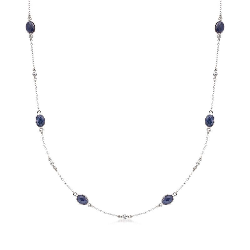 Ross-Simons 7.20 ct. t.w. Sapphire and .25 ct. t.w. Diamond Station Necklace in Sterling Silver Size 16