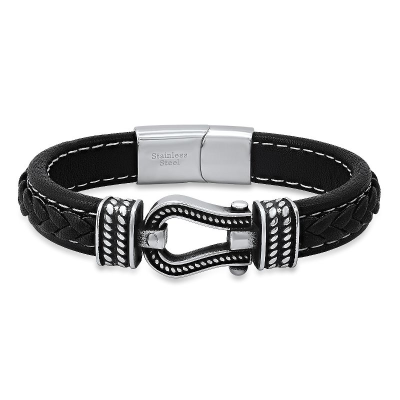 Steeltime Men's black braided inlay leather and stainless steel/black ip horseshoe bracelet