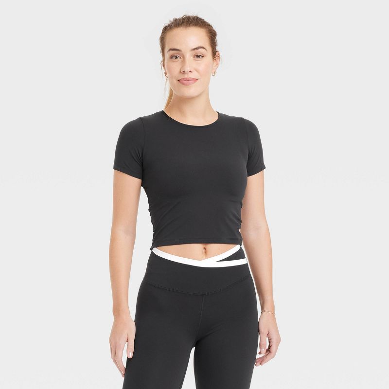 Women's Everyday Soft Cropped Short Sleeve T-Shirt - All In Motion™ Black M: Moisture Wicking, UPF 50+
