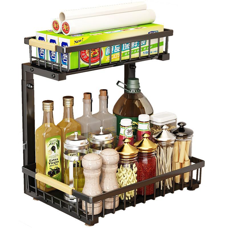 Slide Out Under Sink Storage Shelves, Two Tier Pull Out Kitchen Bathroom Organizers and Storage, Pull Out Cabinet Organizer