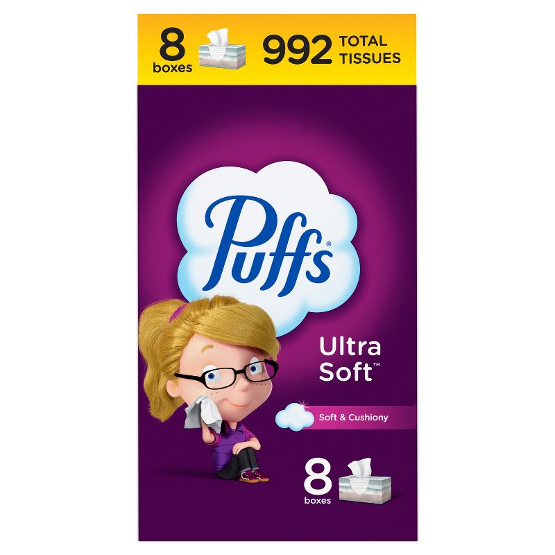 Puffs Ultra Soft Facial Tissue - 8pk/992ct: Rectangle, No Fragrance, Dye-Free, Non-Toxic, 2-Ply, 124 Sheets Per Box