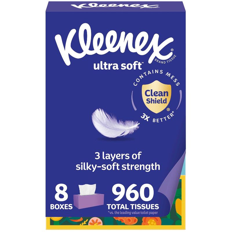 Kleenex Ultra Soft 3-Ply Facial Tissue - 8pk/960ct: Rectangle Container, Non-Travel, 120 Sheets per Box