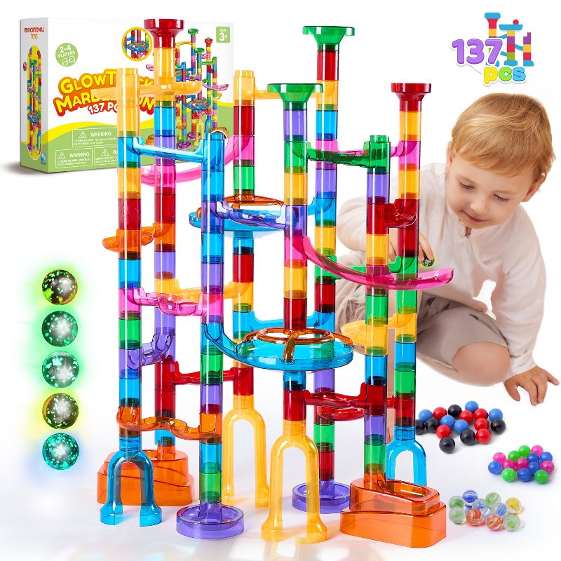 Joyfy 137Pcs Glowing Marble Run - STEM Toy Construction Building Blocks with 15 Glow in The Dark Plastic Marbles, Birthday Gift for Boys Girls 3+