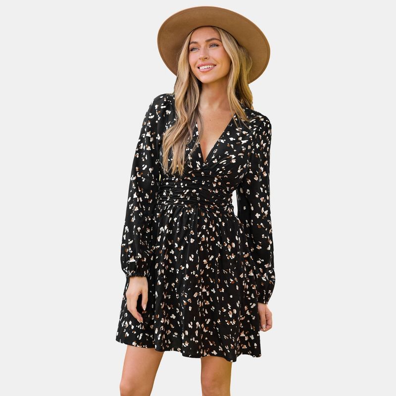 Women's Black Floral Print Mini Dress with Cinched Waist - Cupshe-M-Black Floral