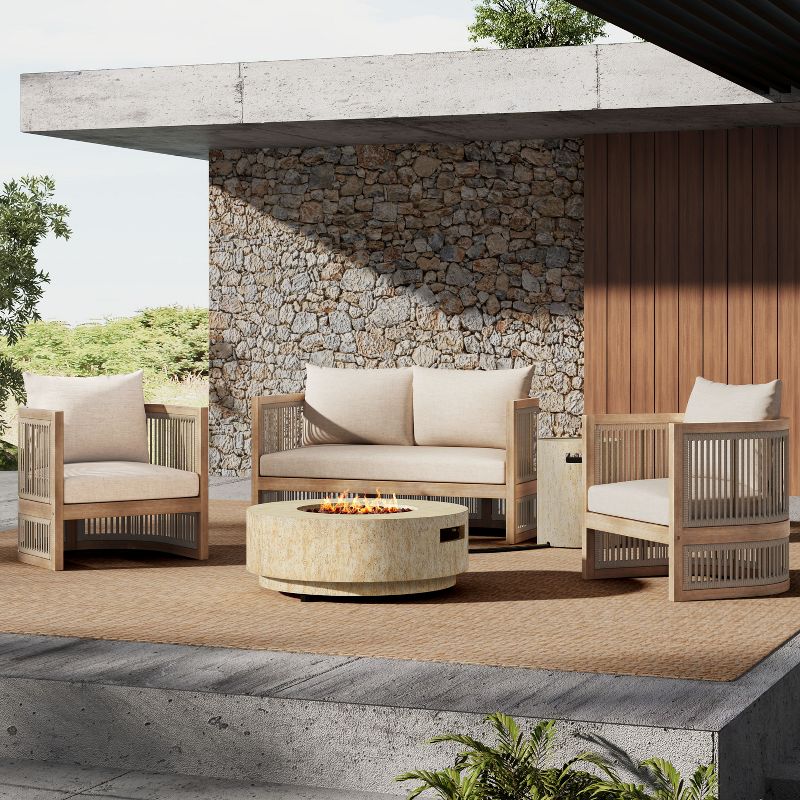 Christopher Knight Home Joplin 5 Piece Outdoor Acacia Wood and Rope Chat Set with Cushions and Round Fire Pit, Light Teak/Beige