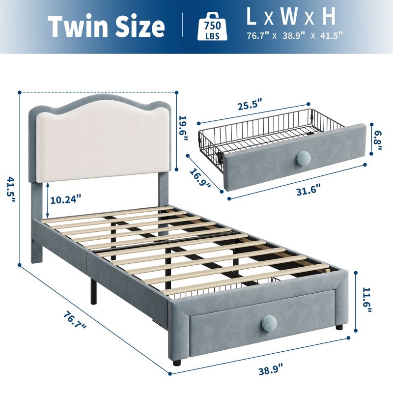 Kids Bed Frame, Headboard,Storage Drawer, Easy Assembly, Noise-Free Children Bedroom Furniture with Strong Wood Slats, Easy Assembly