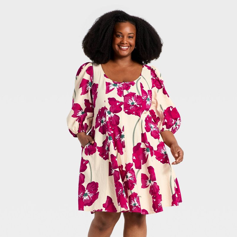 Women's Bishop 3/4 Sleeve Seamed Midi A-Line Dress - Ava & Viv™ Cream/Berry Floral XXL