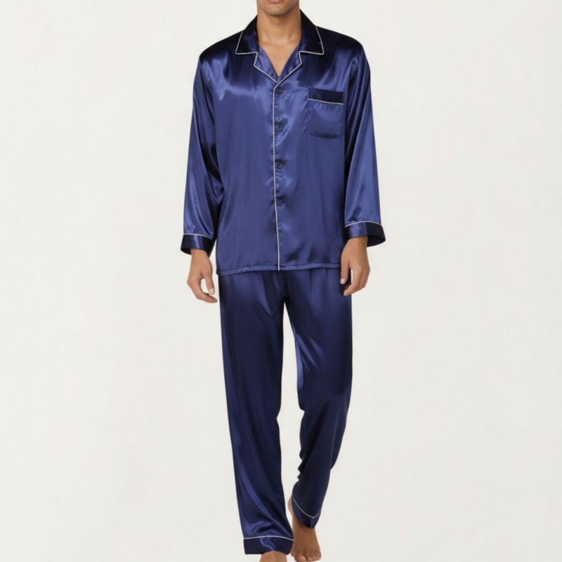 Anna-Kaci Men's 2-Piece Set Satin Pajamas with Contrast Piping and Button-Up Top - Medium, Navy