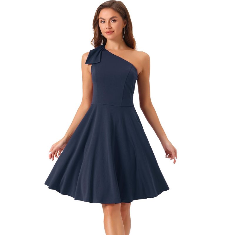 INSPIRE CHIC Women's Party Elegant Flared Bow One Shoulder Evening Cocktail Dresses Small Dark Blue