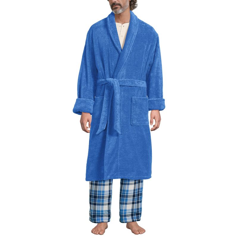 Lands' End Men's Calf Length Turkish Terry Robe - Large - Muted Cobalt Blues