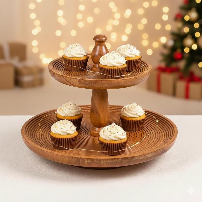 Folkulture 12" Wooden Two-Tier Cake & Cupcake Stand | Round Dessert Tray | Decorative Serving Display | Natural Ribbed | Wedding Decor