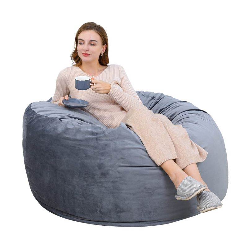 Bean Bag Chair for Teens Adults Round Giant Beanbag Chairs with Foam Filled, Living Room Furniture Sofa Chair Lazy Sofa with Velvet Fabric, Grey