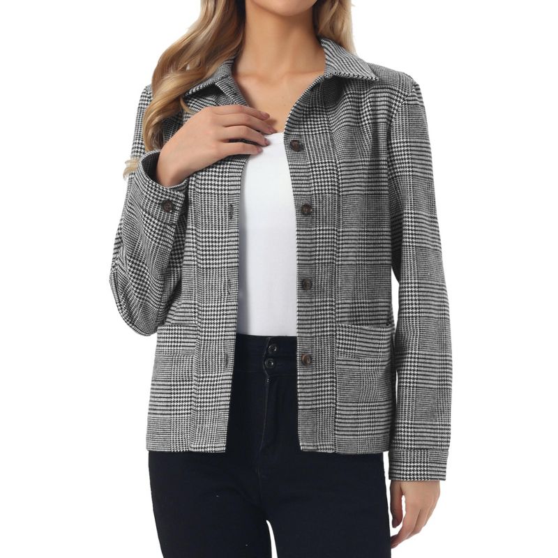 INSPIRE CHIC Women's Long Sleeve Fall Trendy Button Down Cropped Shacket Plaid Jacket with Pockets Black Medium