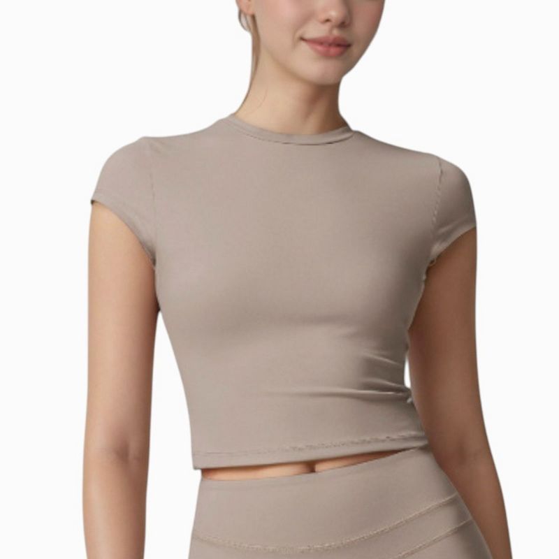 Anna-Kaci Active Women's Fitted Crop Active Tee Short Sleeve Round Neck Stretch Performance Fabric - Small, Beige