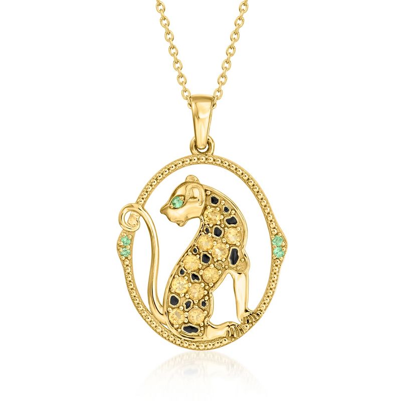 Ross-Simons 0.30 ct. t.w. Citrine and Black Enamel Leopard Pendant Necklace With Tsavorites in 18kt Gold Over Sterling Size 18