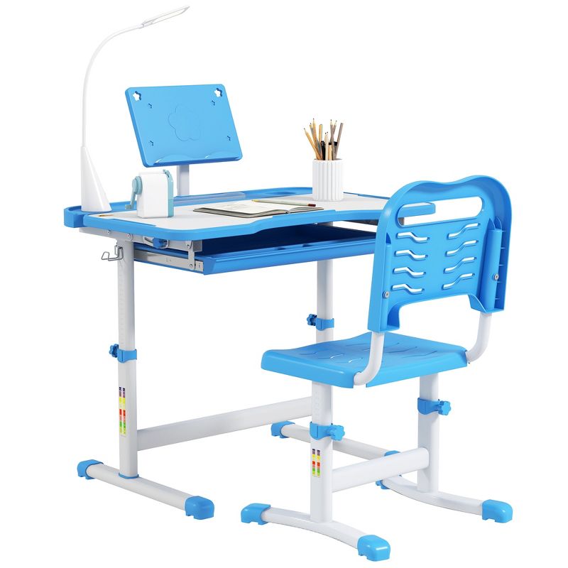 Qaba Kids Desk and Chair Set, Activity Desk with Tilt Desktop USB Lamp, Storage Drawer for Study, Activities, Arts, or Crafts, Blue and White